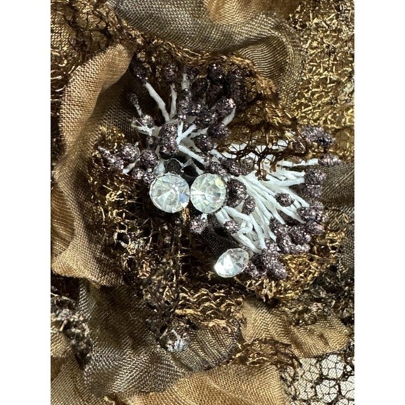 Vintage BSK Pastel & Pearl Rhinestone Flower Brooch Pin  Brown Fabric Flower Pin Broach 4.5” Wide With 3 Gems‎ In The Middle